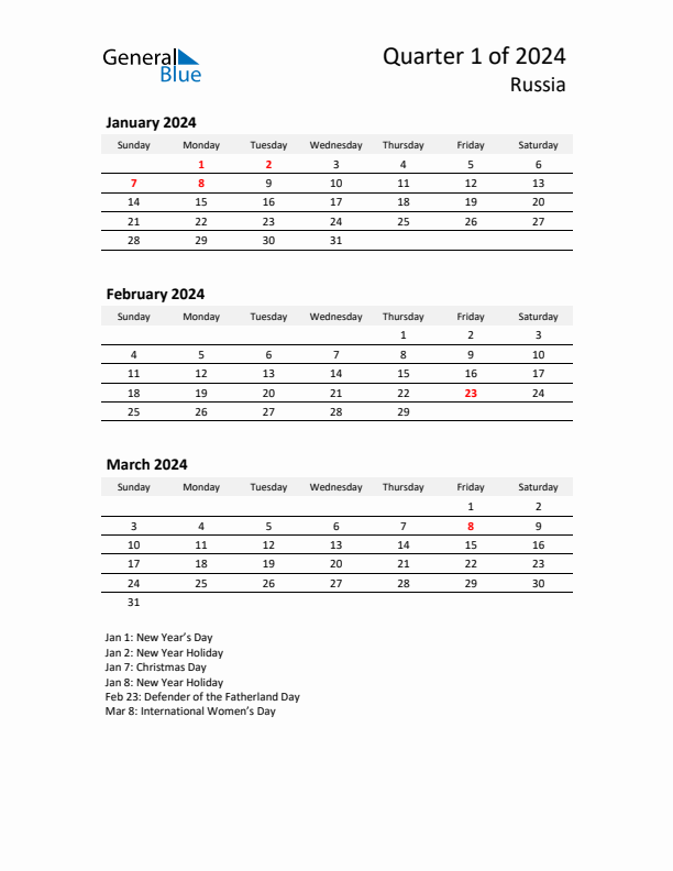 2024 Q1 Three-Month Calendar for Russia