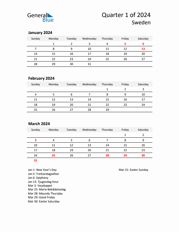 2024 Q1 Three-Month Calendar for Sweden