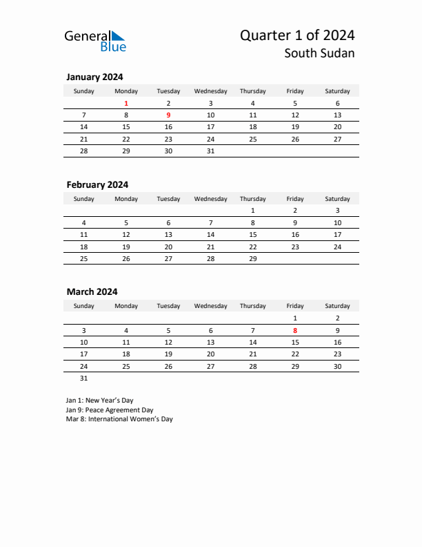 2024 Q1 Three-Month Calendar for South Sudan