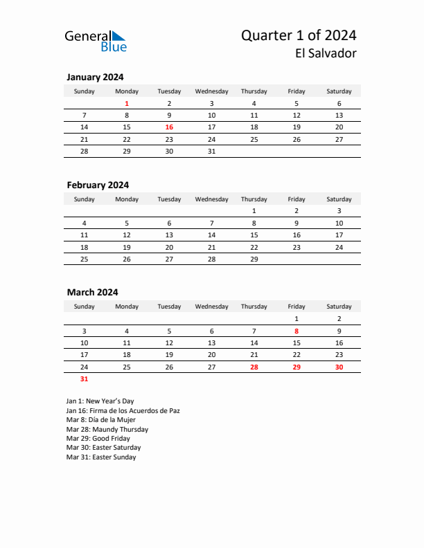 2024 Q1 Three-Month Calendar for El Salvador