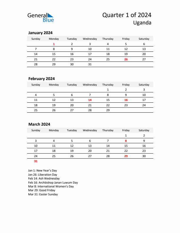 2024 Q1 Three-Month Calendar for Uganda