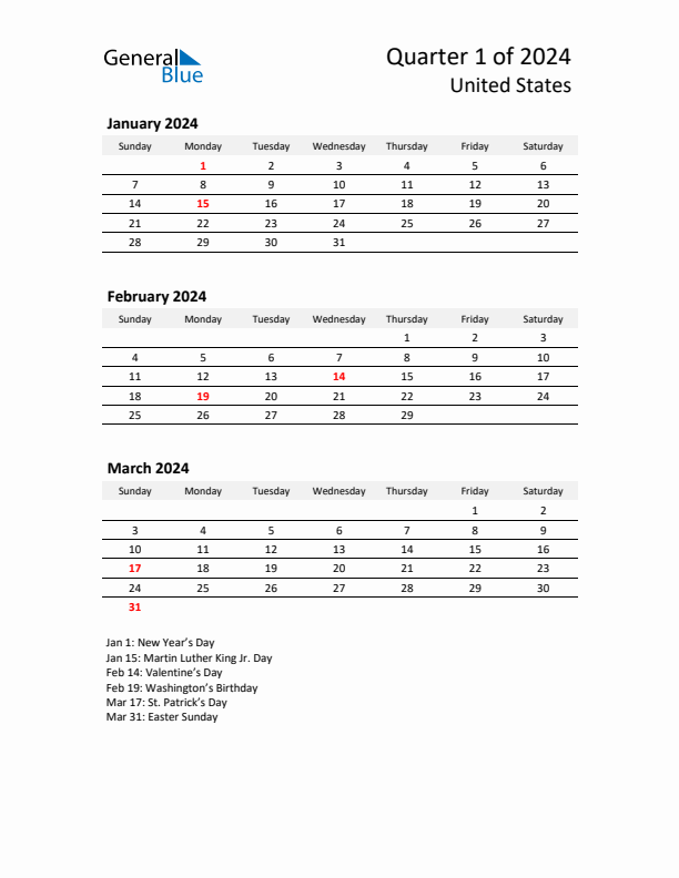 2024 Q1 Three-Month Calendar for United States