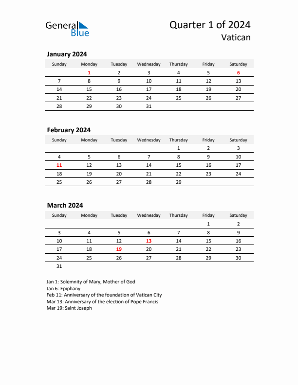 2024 Q1 Three-Month Calendar for Vatican