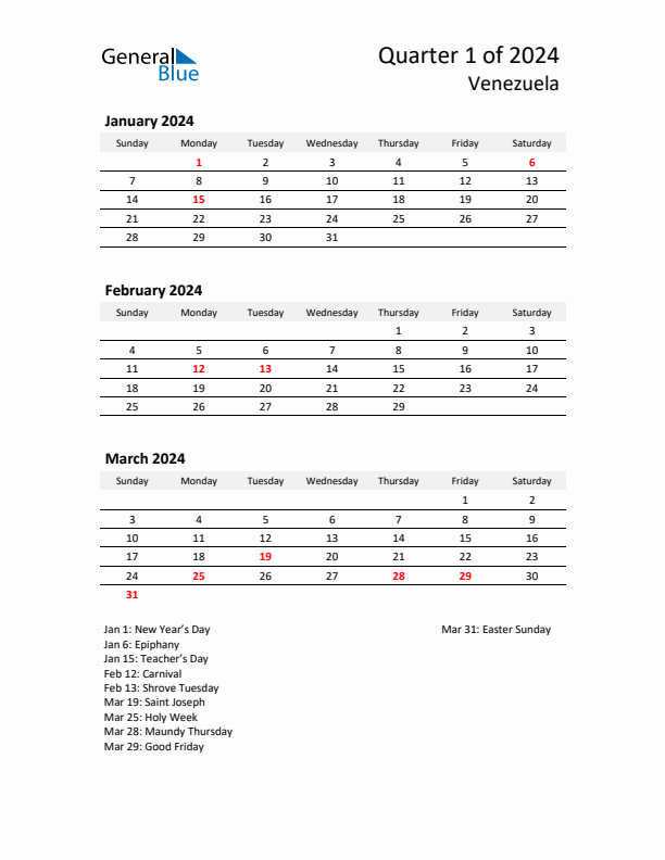 2024 Q1 Three-Month Calendar for Venezuela