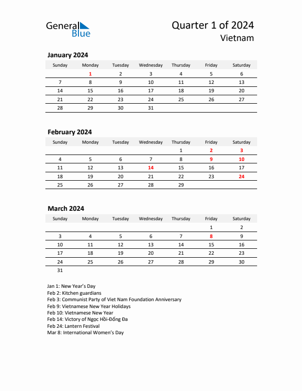 2024 Q1 Three-Month Calendar for Vietnam