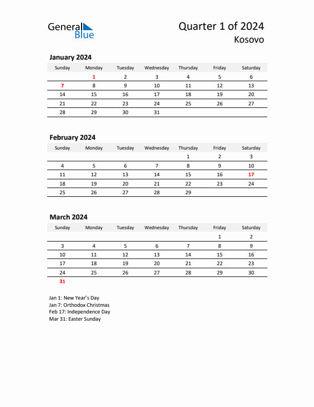 2024 Q1 Three-Month Calendar for Kosovo