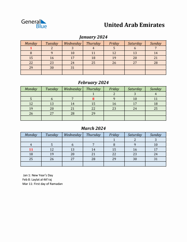 Q1 2024 Holiday Calendar - United Arab Emirates