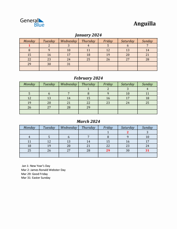 Q1 2024 Holiday Calendar - Anguilla