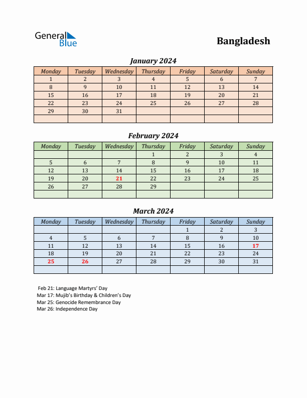 Q1 2024 Holiday Calendar - Bangladesh