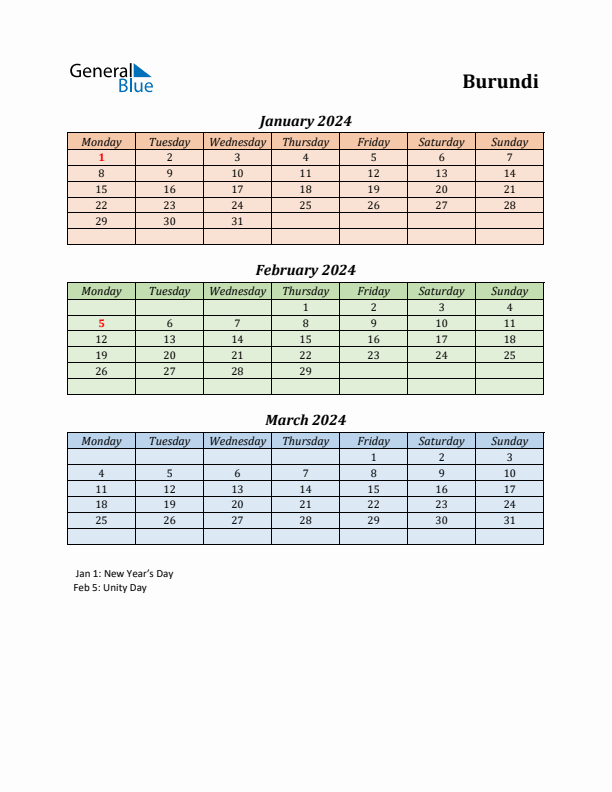 Q1 2024 Holiday Calendar - Burundi