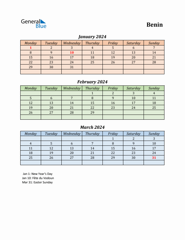 Q1 2024 Holiday Calendar - Benin