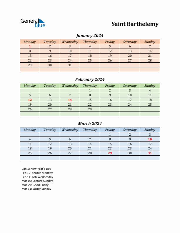 Q1 2024 Holiday Calendar - Saint Barthelemy