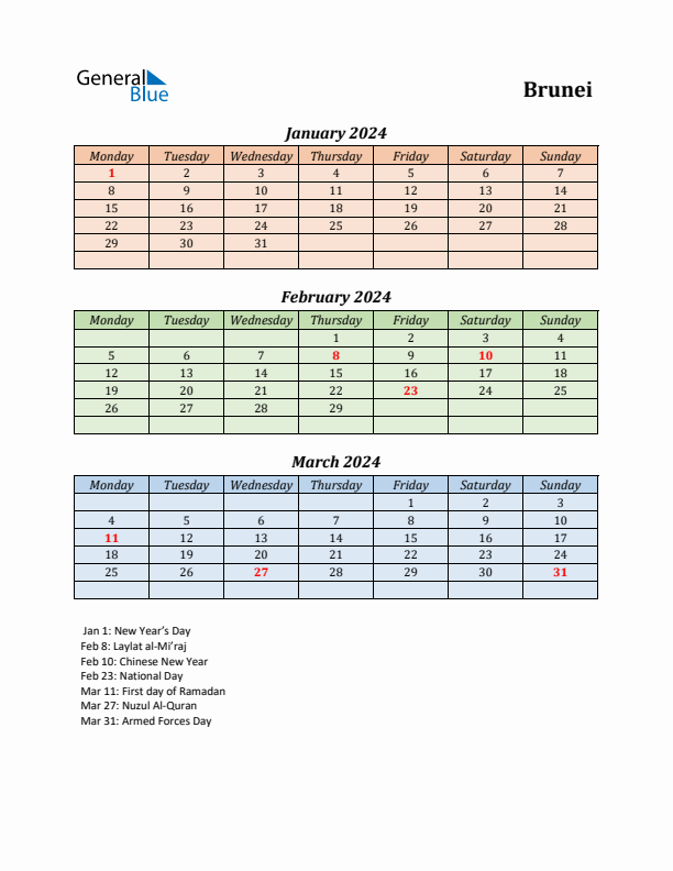 Q1 2024 Holiday Calendar - Brunei