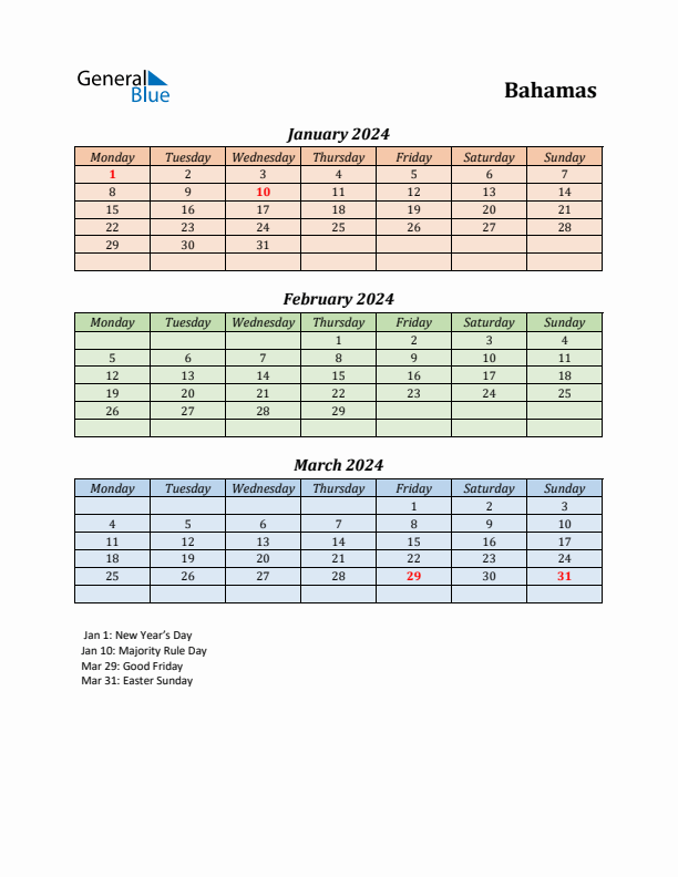 Q1 2024 Holiday Calendar - Bahamas