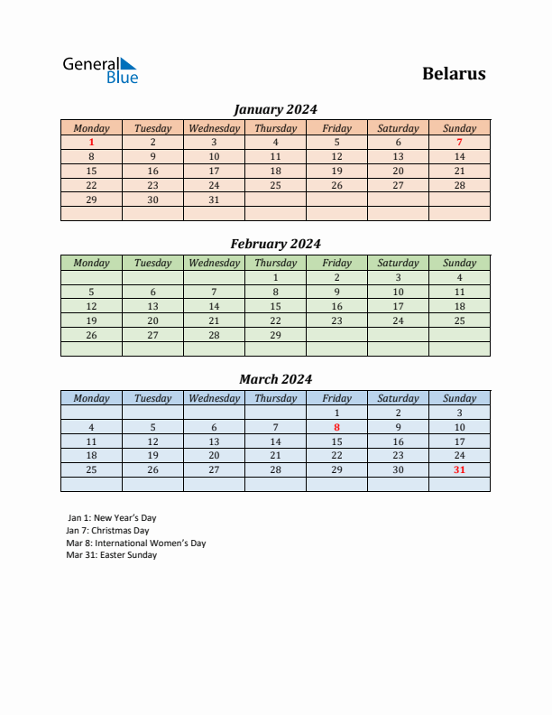 Q1 2024 Holiday Calendar - Belarus