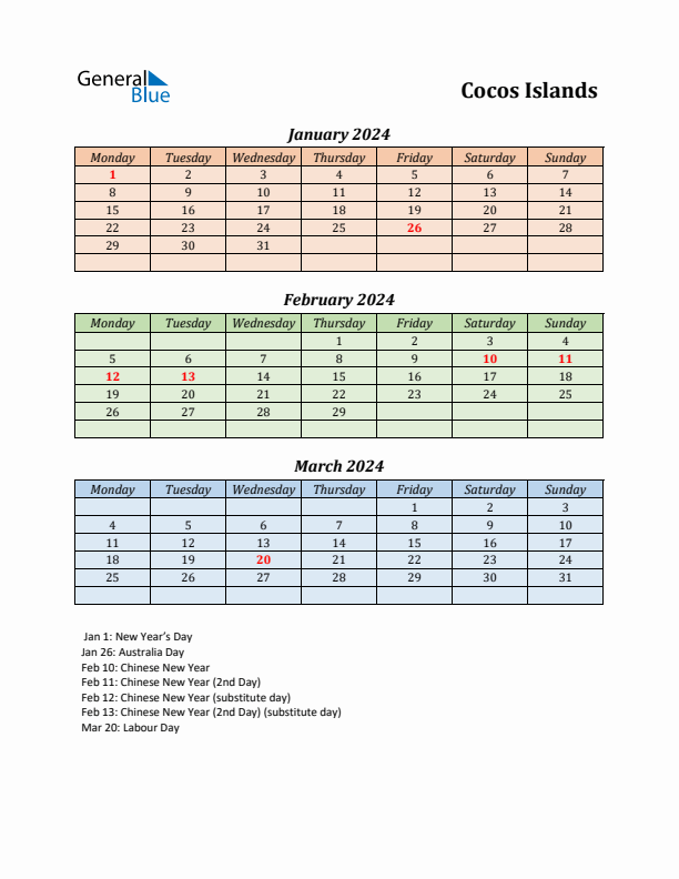 Q1 2024 Holiday Calendar - Cocos Islands