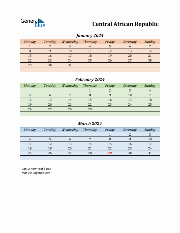 Q1 2024 Holiday Calendar - Central African Republic