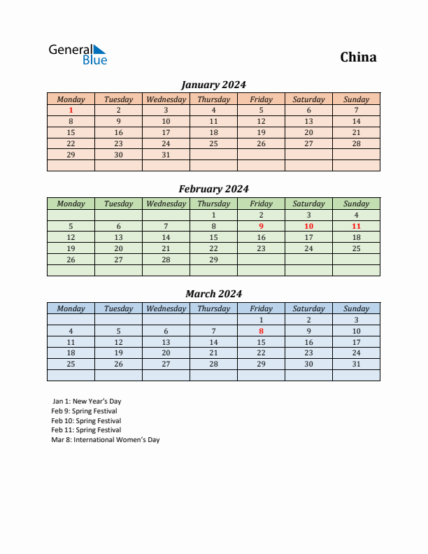 Q1 2024 Holiday Calendar - China