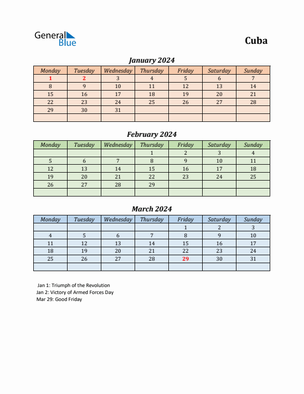 Q1 2024 Holiday Calendar - Cuba