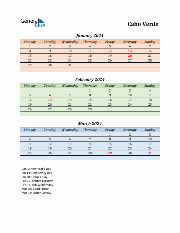 Q1 2024 Holiday Calendar - Cabo Verde