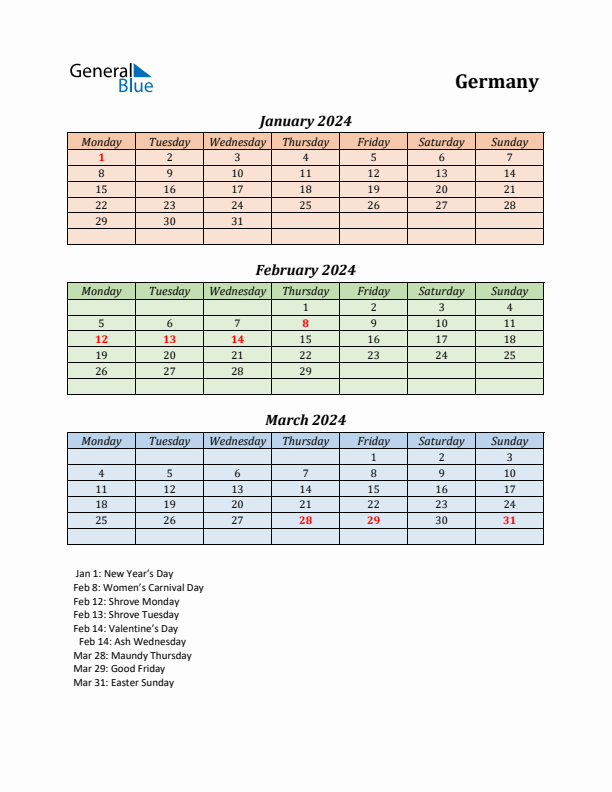 Q1 2024 Holiday Calendar - Germany