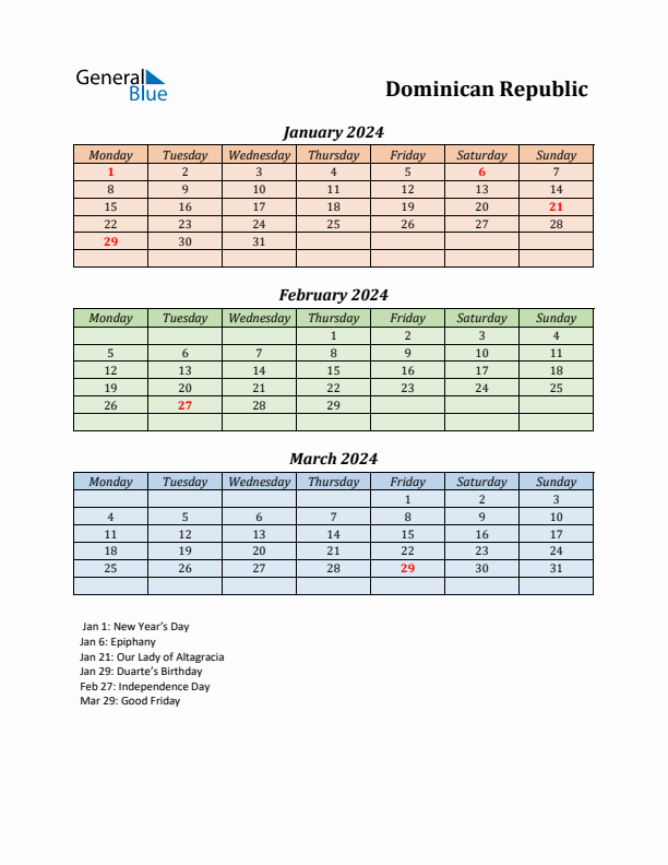 Q1 2024 Holiday Calendar - Dominican Republic