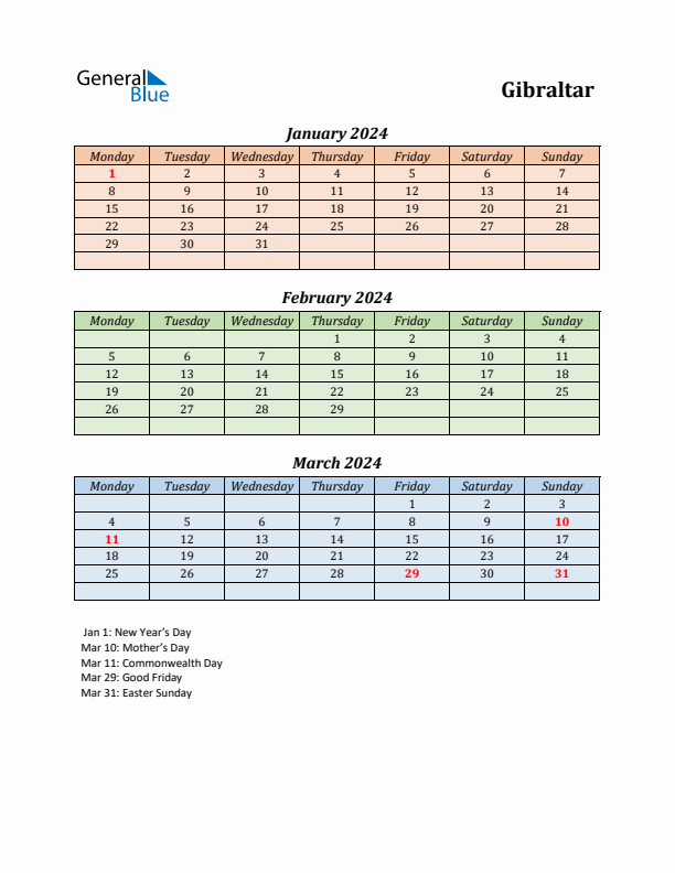 Q1 2024 Holiday Calendar - Gibraltar