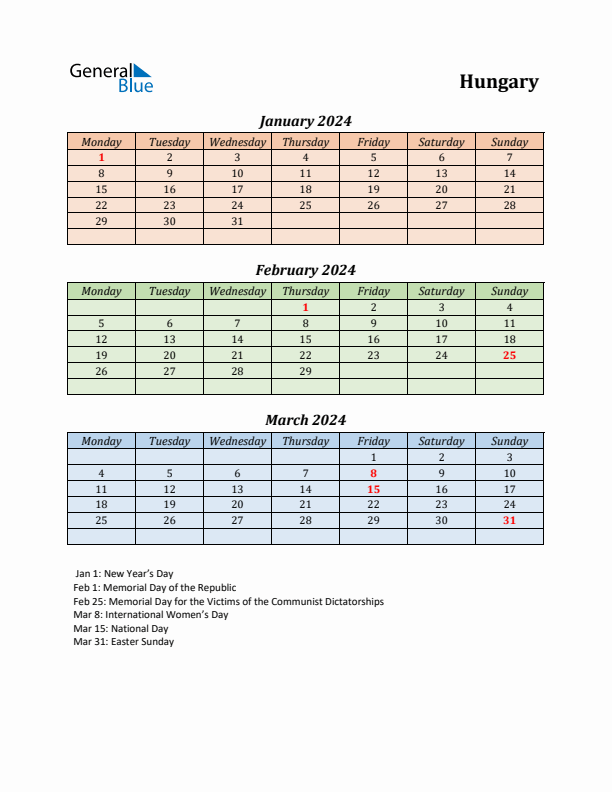 Q1 2024 Holiday Calendar - Hungary