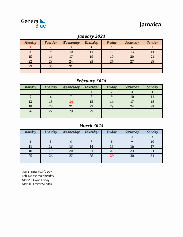 Q1 2024 Holiday Calendar - Jamaica