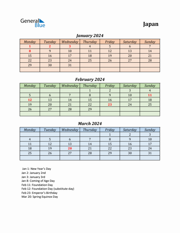 Q1 2024 Holiday Calendar - Japan