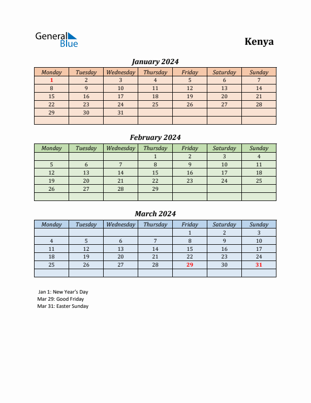 Q1 2024 Holiday Calendar - Kenya