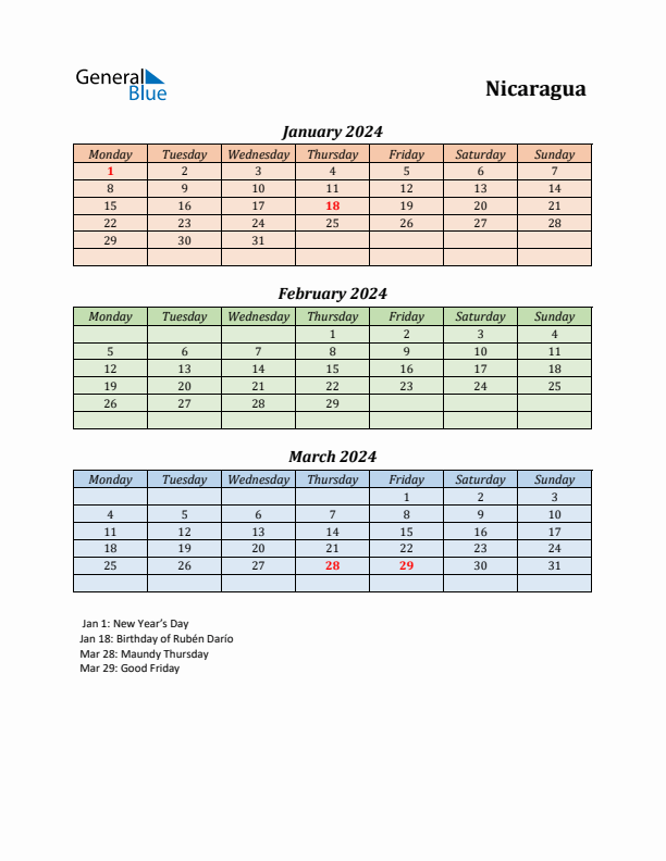 Q1 2024 Holiday Calendar - Nicaragua