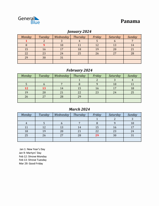 Q1 2024 Holiday Calendar - Panama