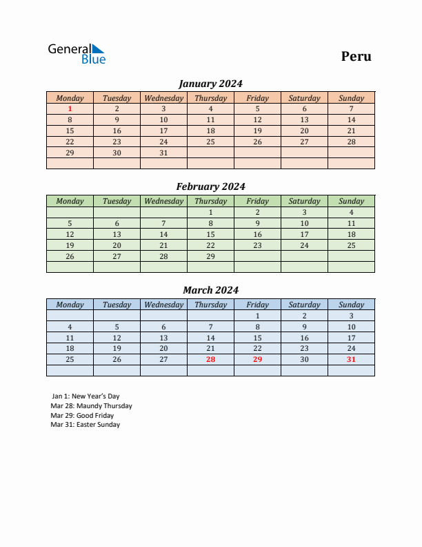 Q1 2024 Holiday Calendar - Peru