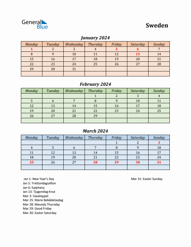 Q1 2024 Holiday Calendar - Sweden