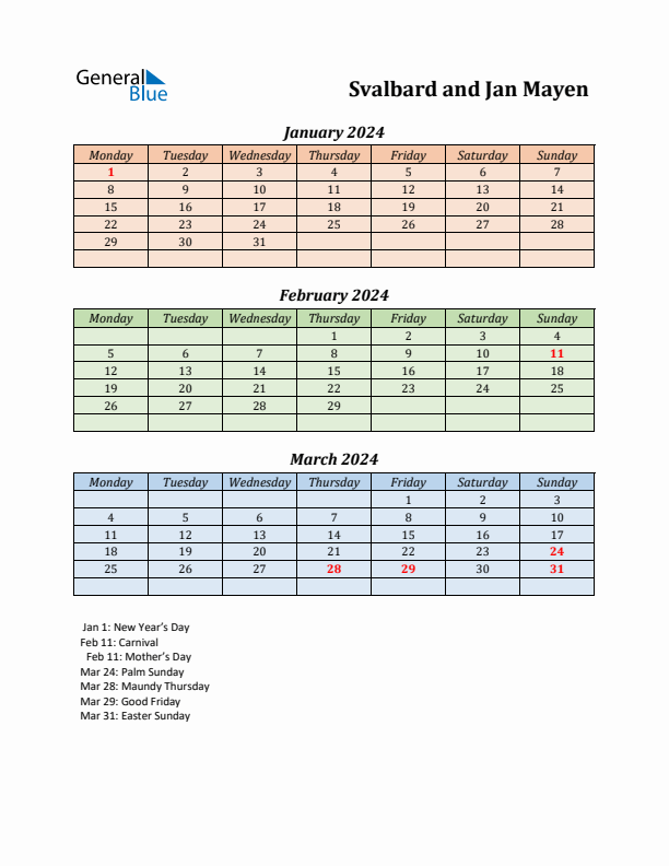 Q1 2024 Holiday Calendar - Svalbard and Jan Mayen