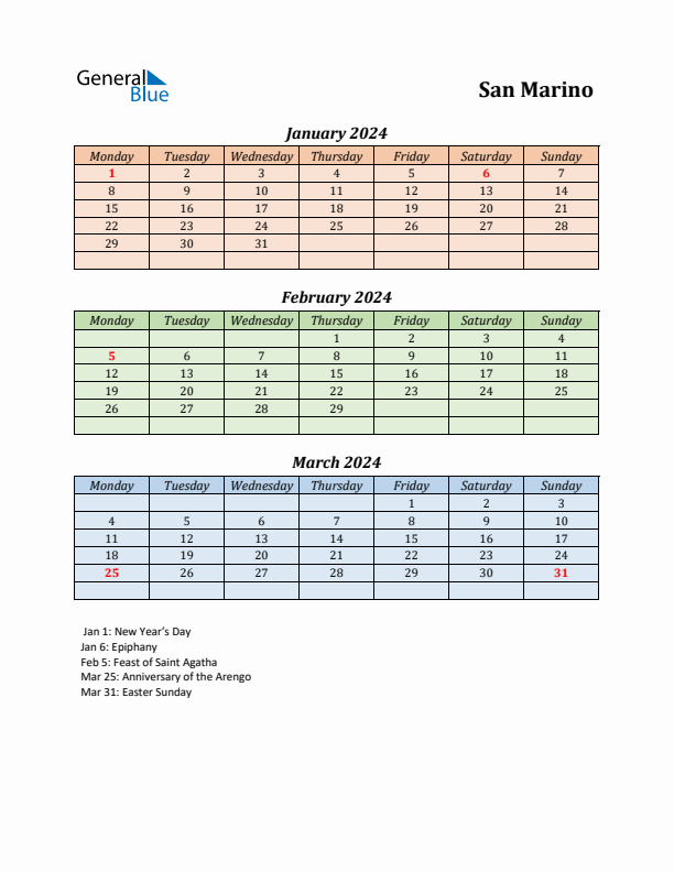 Q1 2024 Holiday Calendar - San Marino