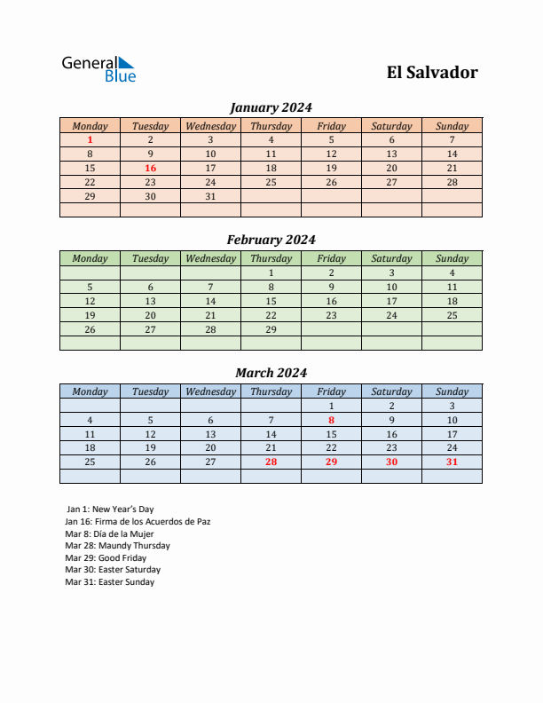 Q1 2024 Holiday Calendar - El Salvador