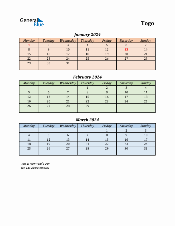 Q1 2024 Holiday Calendar - Togo