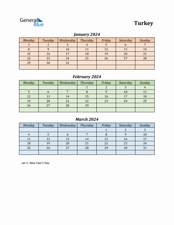 Q1 2024 Holiday Calendar - Turkey