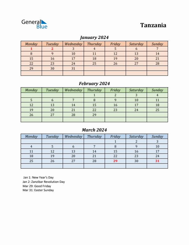 Q1 2024 Holiday Calendar - Tanzania