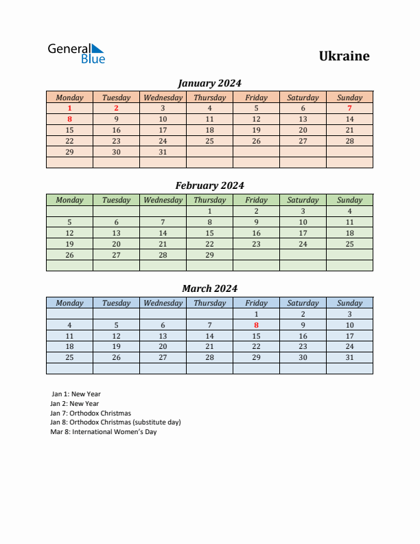 Q1 2024 Holiday Calendar - Ukraine