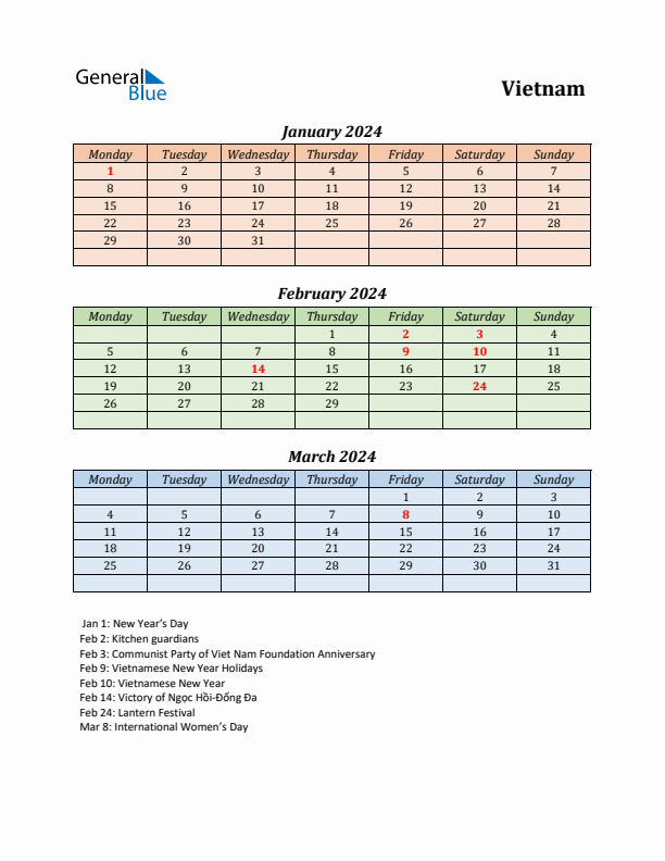 Q1 2024 Holiday Calendar - Vietnam