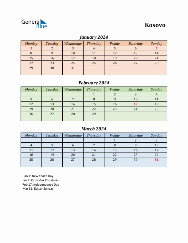 Q1 2024 Holiday Calendar - Kosovo