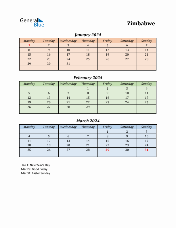 Q1 2024 Holiday Calendar - Zimbabwe