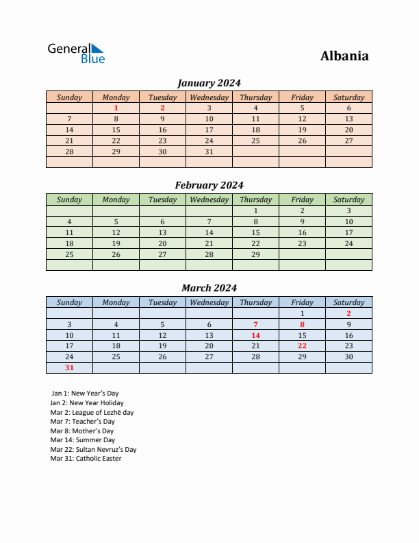 Q1 2024 Holiday Calendar - Albania