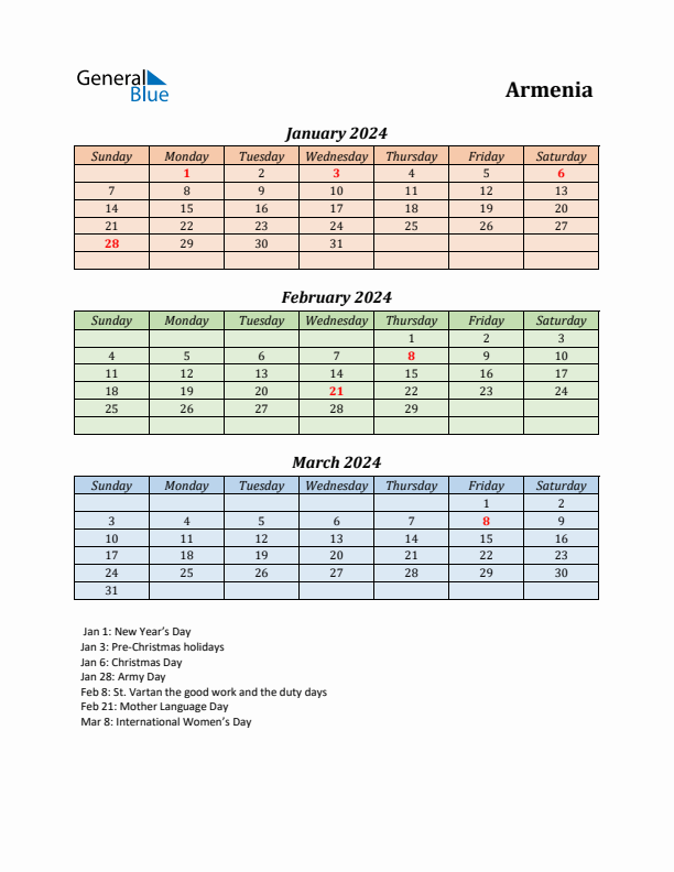 Q1 2024 Holiday Calendar - Armenia