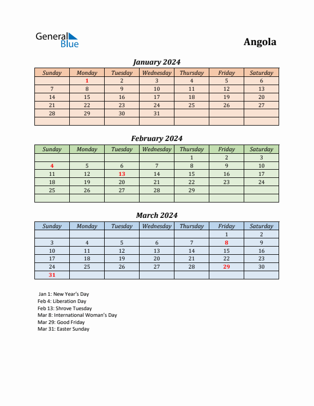 Q1 2024 Holiday Calendar - Angola