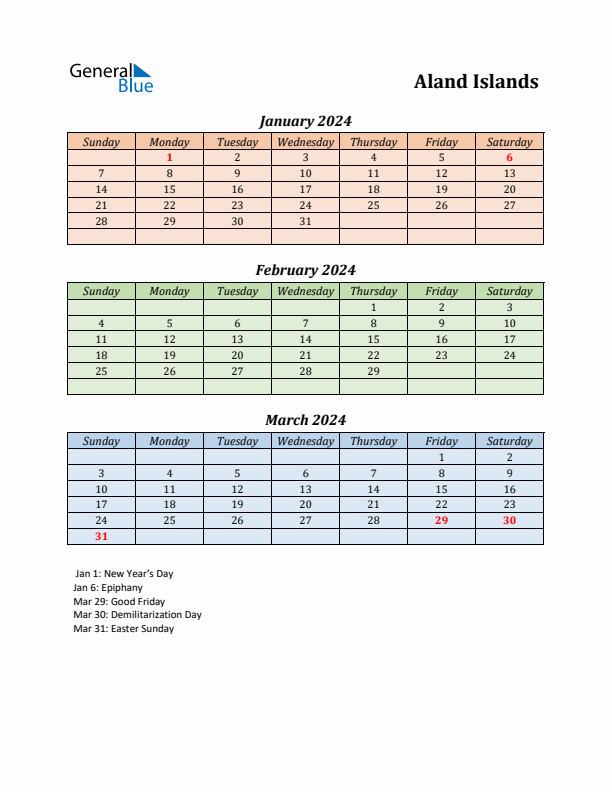 Q1 2024 Holiday Calendar - Aland Islands