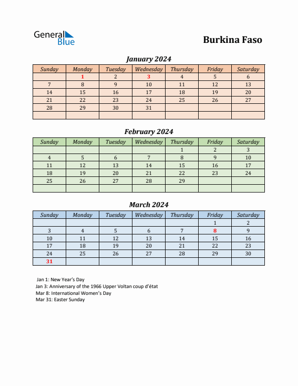 Q1 2024 Holiday Calendar - Burkina Faso